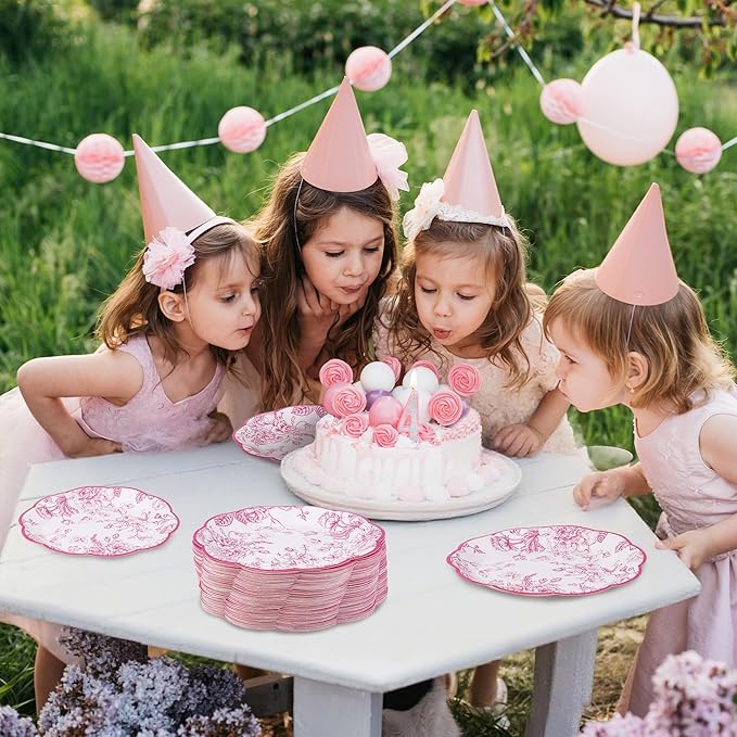 100 Pieces Pink Floral Paper Plates 9 Inches Disposable Pink and White Flower Scalloped Plates Vintage Floral Dinner Dessert Decorative Plate for Wedding Baby Shower Birthday Party Supplies
