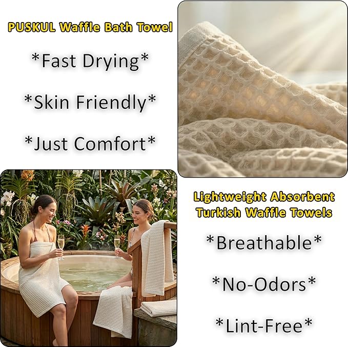 PÜSKÜL Undyed-Raw Waffle Bath Towels Set of 2-Piece | Organic Natural 100% Turkish Cotton Towel | Premium Quality Body Towels for Bathroom & Sauna | 32x63 inch Large Bath Sheet | Earthy Spa Experience
