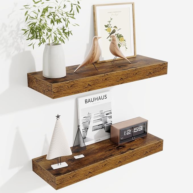Fun Memories Floating Shelves Bathroom for Wall Mounted Shelves, 20 Inch Wood Shelf Set of 2, Home Storage & Display Decor, Rustic Brown