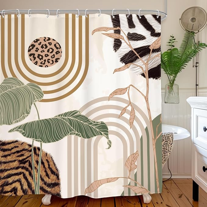 Glawry Green Abstract Shower Curtain Boho Tropical Leaves Palm Leaf Mid Century Minimalist Modern Bathroom Leopard Print Fur 60Wx72L Inches Bath Accessories Art Home Decor Fabric 12 Pack Hook
