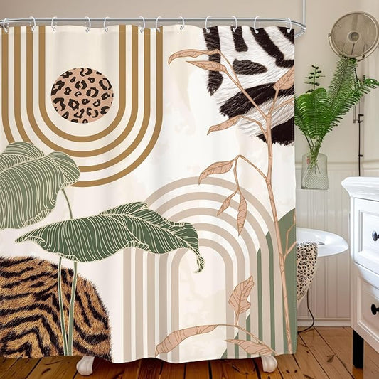 Glawry Green Abstract Shower Curtain Boho Tropical Leaves Palm Leaf Mid Century Minimalist Modern Bathroom Leopard Print Fur 60Wx72L Inches Bath Accessories Art Home Decor Fabric 12 Pack Hook