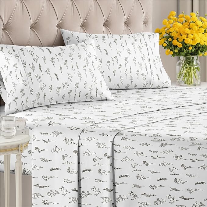 Floral Sheets - Black & White Floral Bed Sheet Set - 1 Flat, 1 Fitted & 2 Pillowcases w/ Deep Pockets - Wrinkle & Fade Free - Boho Botanical Bedding - Ultra-Soft, Breathable & Cooling - Queen Size Set