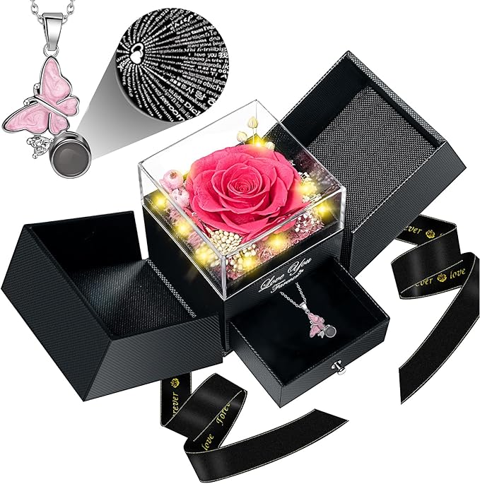 DRTINA Preserved Pink Real Rose with I Love You Butterfly Necklace-Eternal Flowers Rose Birthday Gifts for Women Wife Mom Girlfriend Grandma on Mothers Day Valentines Anniversary Christmas Romantic