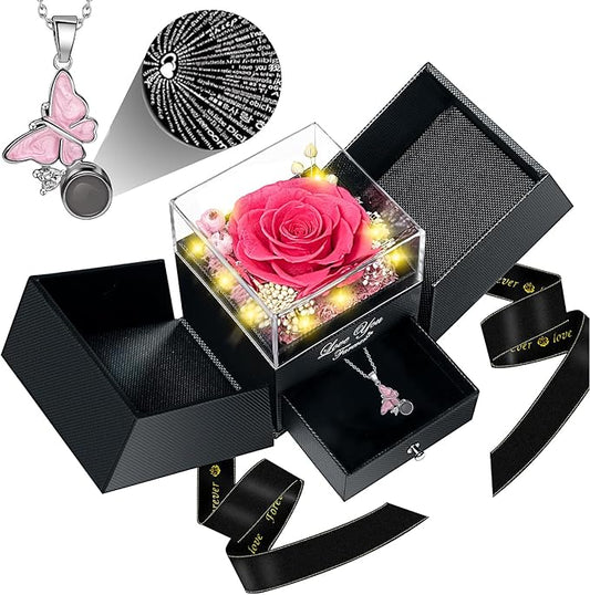 DRTINA Preserved Pink Real Rose with I Love You Butterfly Necklace-Eternal Flowers Rose Birthday Gifts for Women Wife Mom Girlfriend Grandma on Mothers Day Valentines Anniversary Christmas Romantic