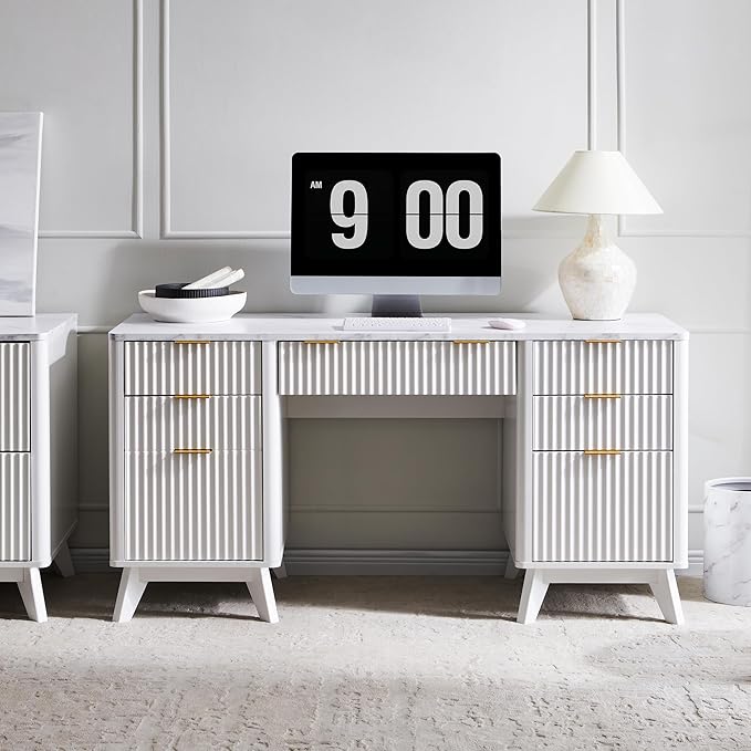 T4TREAM Fluted Executive Desk with Drawers, 60" Modern Home Office Computer Desk with Charging Station, File Cabinet, Keyboard Tray and Storage Cabinet for Study, Living Room, Bedroom, Solid White