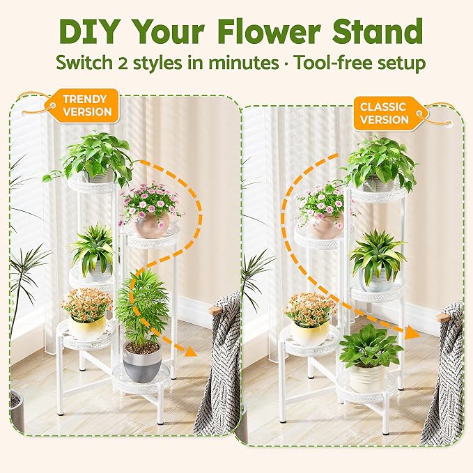 Metal Plant Stand Indoor Outdoor, 5 Tier Tall Flower Pot Holder Potted Display Rack Shelf, Heavy Duty Corner Plant Shelf for Patio Garden Balcony Living Room Bedroom - WhiteWave