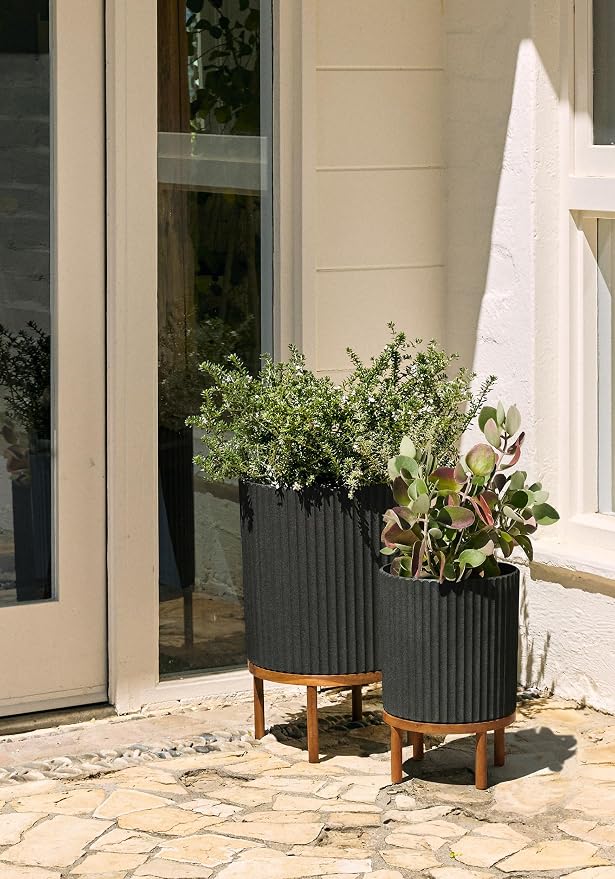 Veradek Demi Series Round Planter w/Stand for Porch/Patio | Durable Plastic-Stone Composite & Wooden Stand | Modern Décor for Tall Plants, Flowers