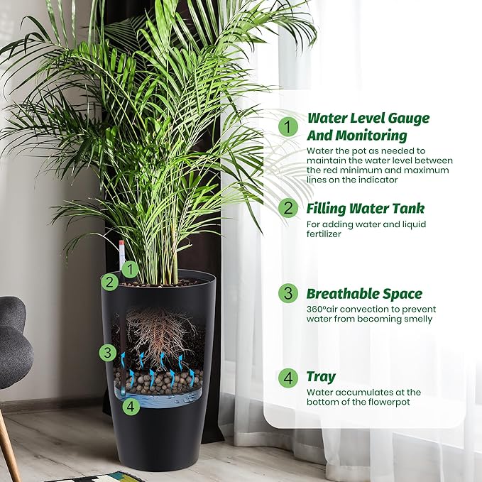 GarveeLife Set of 2 Tall Planters for Outdoor Plants, 22 in Large Planters for Outdoor Indoor Plants with Water Level Monitor ＆ Inner Bucket, Automatic Watering, for Porch, Patio, Backyard, Black