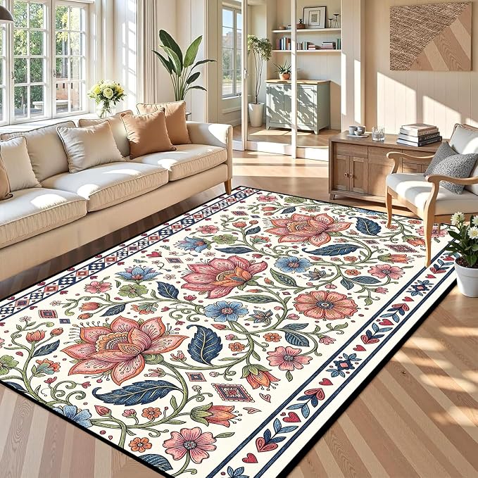 6'x9' Boho Floral Area Rug Vintage Colorful Botanical Carpet Non-Slip Washable Rugs for Bedroom Living Room Nursery Kitchen Playroom Home Decor
