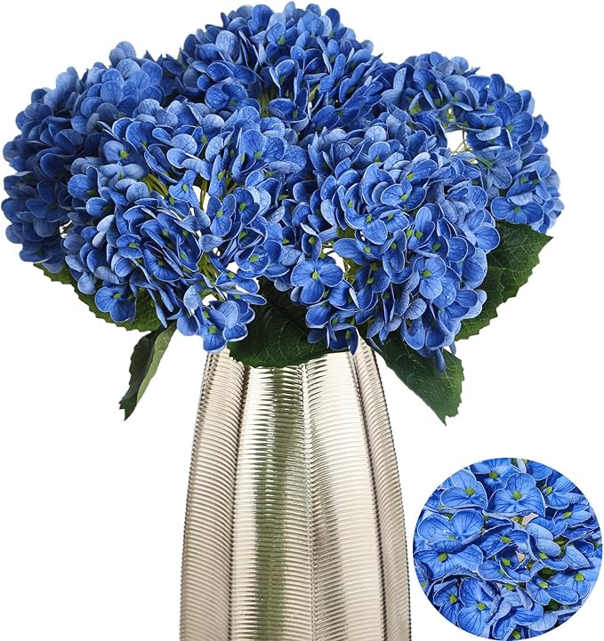 Kimura's Cabin 5Pcs Blue Artificial Hydrangea Flower 21inch Real Touch Fake Hydrangeas Flowers Long Stem with Leaves Hydrangea Bouquet for Wedding Baby Shower Birthday Party Home Interior Decoration