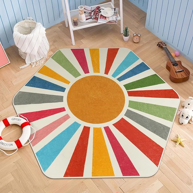 STARUIA Rainbow Machine Washable Rug for Playroom Kids Room, 4'x 4'7" Boho Sun for Girls Boys, Non-Slip Sunshine Carpet Small Play for Classroom Reading Corner Dorm