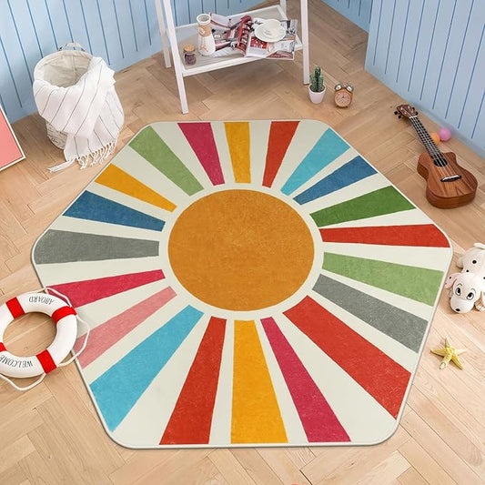 STARUIA Rainbow Machine Washable Rug for Playroom Kids Room, 4'x 4'7" Boho Sun for Girls Boys, Non-Slip Sunshine Carpet Small Play for Classroom Reading Corner Dorm