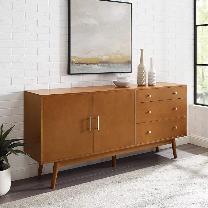 Walker Edison Mid-Century Modern Kitchen Buffet Sideboard Entryway Serving Storage Cabinet Doors-Dining Room Console, 70 Inch, Acorn
