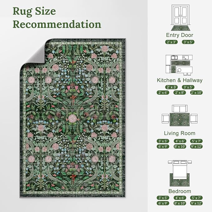 AMTOVO 9x12 Washable Area Rugs for Living Room, Non-Slip&Non-Shedding Floral Large Soft Boho Vintage Print Carpet for Bedroom Girls Room Dorm Dining Room Farmhouse Nursery Home Office, Dark Green