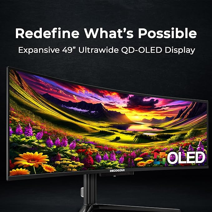 Deco Gear 49" Curved QD-OLED Ultrawide Monitor | 5120x1440 | 144Hz | HDR400 True Black | 0.03ms | FreeSync Premium | 100% sRGB | HDMI 2.1 | 90W USB-C | Built-in Speakers| Height Adjustable Stand