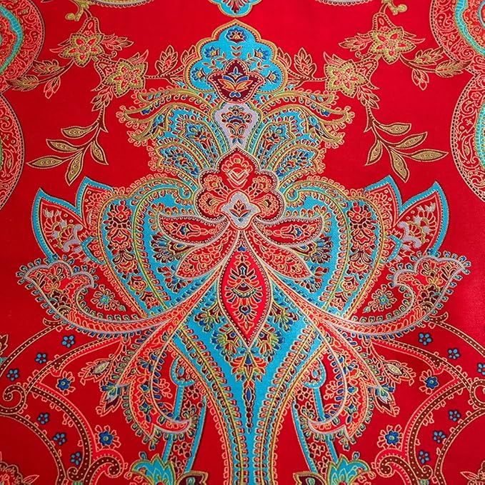 mixinni King Size Duvet Cover Set Paisley Light Blue Long Staple Cotton Percale Farmhouse Pattern Duvet Cover on Red Vintage Floral Bedding Comforter Cover with 2 Pillowcases Perfect for Him and Her