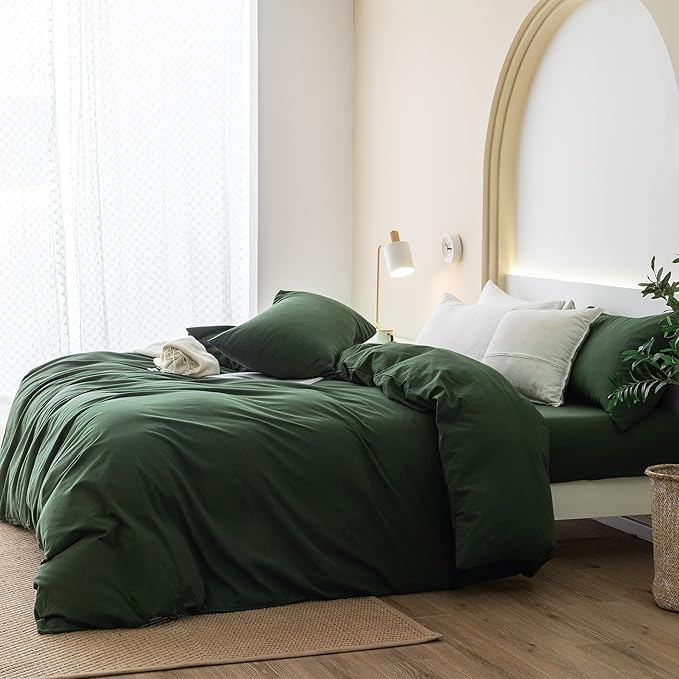 JIYUAN 100% Washed Cotton Duvet Cover Set 3 PCS Super King Plus, 1 Duvet Cover 120x120 Inches(Comforter Not Included) and 2 Pillowcases,Linen Feel Bedding Set Comfy and Breathable,Forest Green