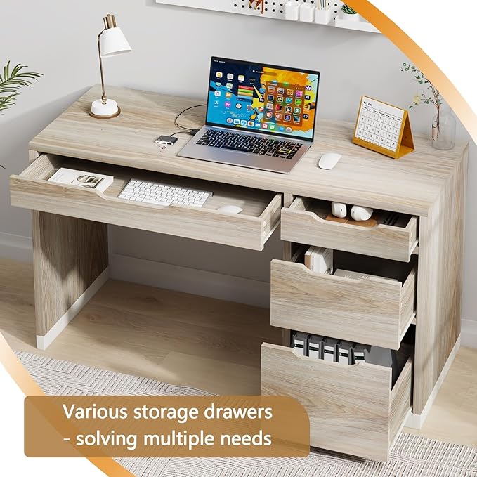 52 Inch Small Desk with Drawers, Walnut Desk with Storage, Computer Desk with Filing Cabinet，Study Desk for Kids, Bedroom