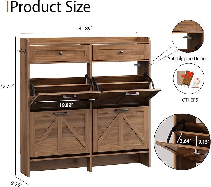 Shoe Cabinet with 4 Flip Drawers & 2 Top Drawers, 43" Tall Freestanding Narrow Wooden Shoe Storage Organizer for Entryway, Hidden Slim Shoe Rack for Front Door Entrance, Hallway, Living Room, Walnut