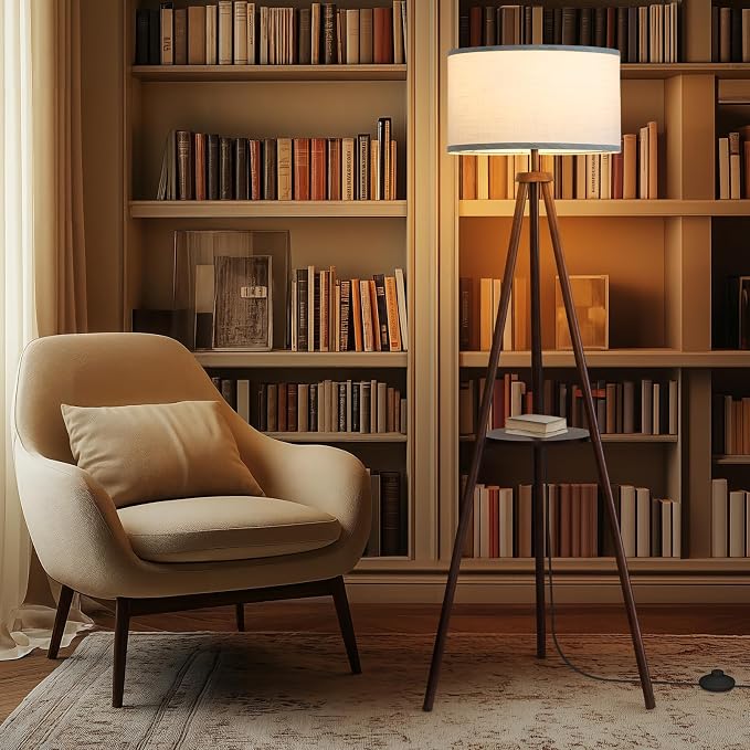 EOEYYOYB Floor Lamp with 3 Light Modes Adjustable– Wood Tripod Floor Lamp Modern LED Standing Lamps with Dimmable Brightness, Perfect for Living Room, Bedroom, and Office, Juglans Nigra