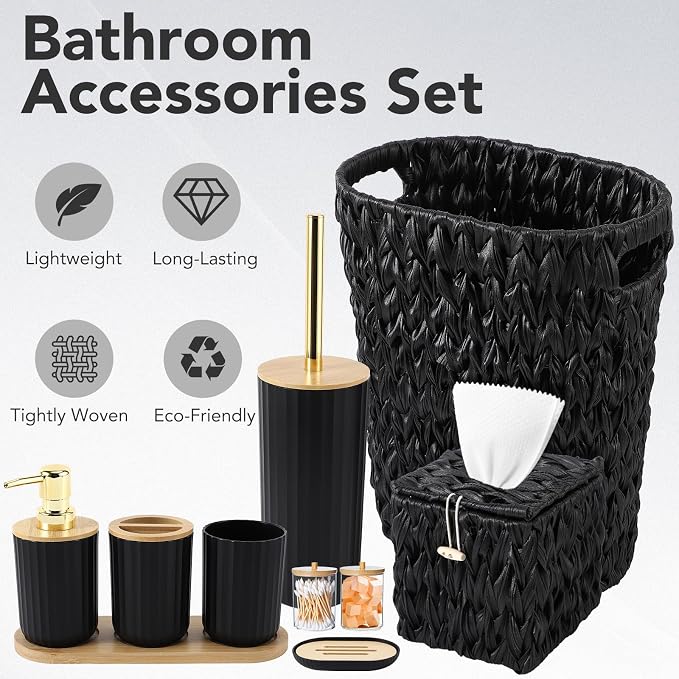 Bathroom Accessory Set, 10 Pieces Bath Set- Wicker Trash Can Tissue Box Soap Dish Toothbrush Holder Rinse Cup Lotion Bottle Toilet Brush Qtip Holder - Practical Bathroom Decor Sets (Black, Bath Set)