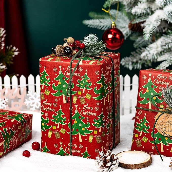 Yarcony Red Christmas Wrapping Paper, Thick Kraft Wrapping Paper, Vintage Traditional Red and Green Christmas Tree Pattern Brown Holiday Gift Wrap for Present Packaging (Mini Roll, 17 Inch X 33 Feet)