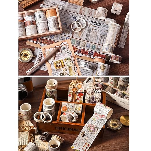 18 Rolls Vintage Washi Tape Set, Castle Stamp Music Retro Masking Tape 5/10/15/20/25/30/50/75mm Wide 6.56ft Long Decorative Scrapbook Tape for journaling, Scrapbooking Supplies, Junk Journal Craft