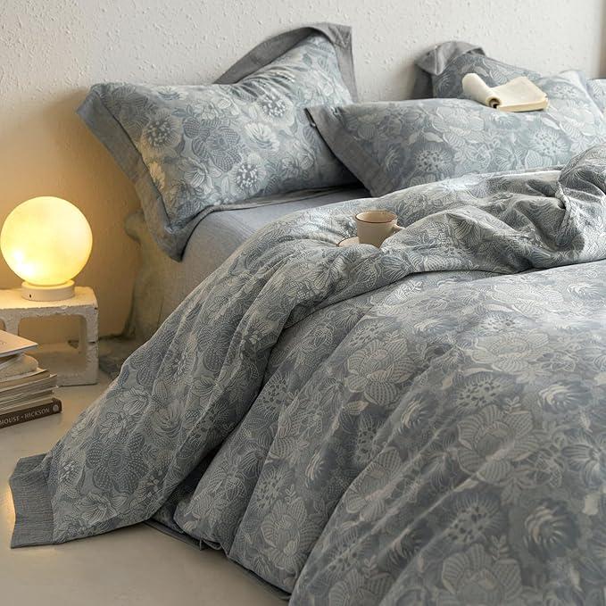 Vintage Grey Duvet Cover Queen 3 Pieces Exquisite Jacquard Flower Bedding Set Queen Yarn-Dyed Cotton Linen Duvet Cover Chic Flower Botanical Comforter Cover Farmhouse Bedding Set Breathable Soft