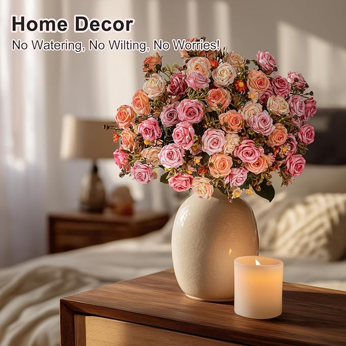Artificial Rose Flowers for Outdoor 4 Bundles Rose Bouquet with Daisy Faux Flowers UV Resistant for Home Indoor Outside Garden Porch Window Box Balcony Yard Porch Fall Decor (Pink+Orange)