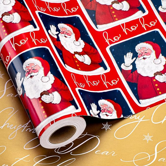 MAYPLUSS Vintage Christmas Santa Wrapping Paper Roll - 17 Inch X 33 Feet - Reversible Red Festive Season's Greetings Santa Holiday Christmas Gift Wrap Thick Paper for Holiday, Birthday, New Year