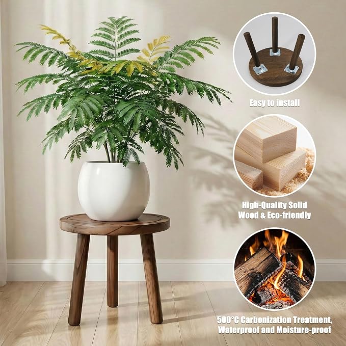 Wood Plant Stands Indoor, 3-Pack Single Plant Stand for 6-12 Inch Pots, Mid-Century Modern Plant Stool, Tall Wooden Plant Stand for Large Plants Perfect Fit for Living Room, Balcony, Office(Dark Brown)