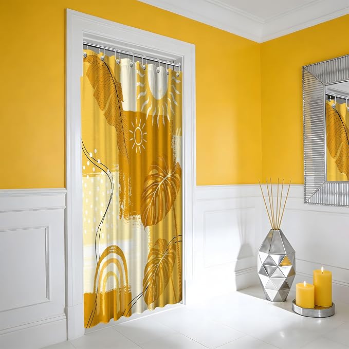 Small Stall Shower Curtain Rv Mustard Yellow Boho, 36 x 72 Inchs | for Camper Stand Up Shower, Modern Pattern Design, Narrow Bathroom Decor Sets Waterproof Cloth Fabric, with Hooks