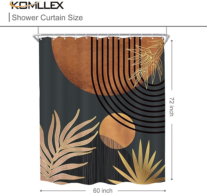 KOMLLEX Mid Century Brown Black Boho Shower Curtain 60Wx72L Inches Abstract Modern Shower Curtain for Bathroom Decor Plant Botanical Minimalist Arch Sun Fabric Liner Waterproof Polyester 12 Pack Hooks