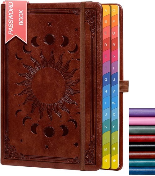 Password Keeper Book - Organized Internet Login Log with Colorful Tabs | 5.7" x 8.4" Hardcover, Dark Brown