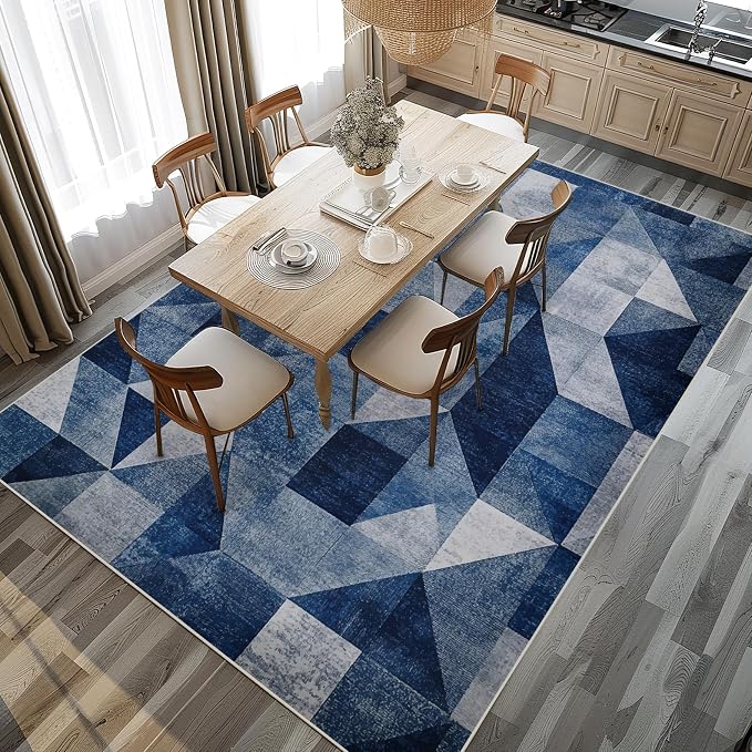 6x9 Navy Blue Area Rug Modern Geometric Blue White Beige Bedroom Rug Soft Low Pile Thin Large Carpet Living Room Non Slip Dining Room Stain Resistant Office Washable Machine