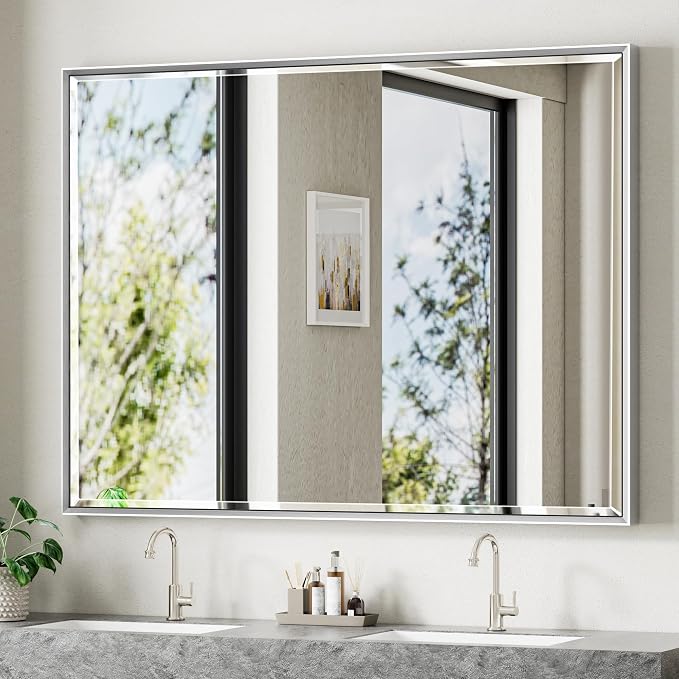 48 x 36 Silver Bathroom Mirror, Large Beveled Silver Bathroom Vanity Mirror, Shatterproof Silver Rectangle Mirror, Silver Metal Framed Mirror for Bathroom Wall, Anti-Rust(Vertical/Horizontal)