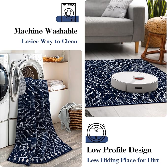 Wonnitar Moroccan Washable Area Rug 4x6, Blue Rugs for Living Room, Non-Slip Boho Bedroom Throw Mat, Non-Shedding Large Geometric Low Pile Floor Carpet for Home Office Mudroom Kitchen (Blue,4'x6')
