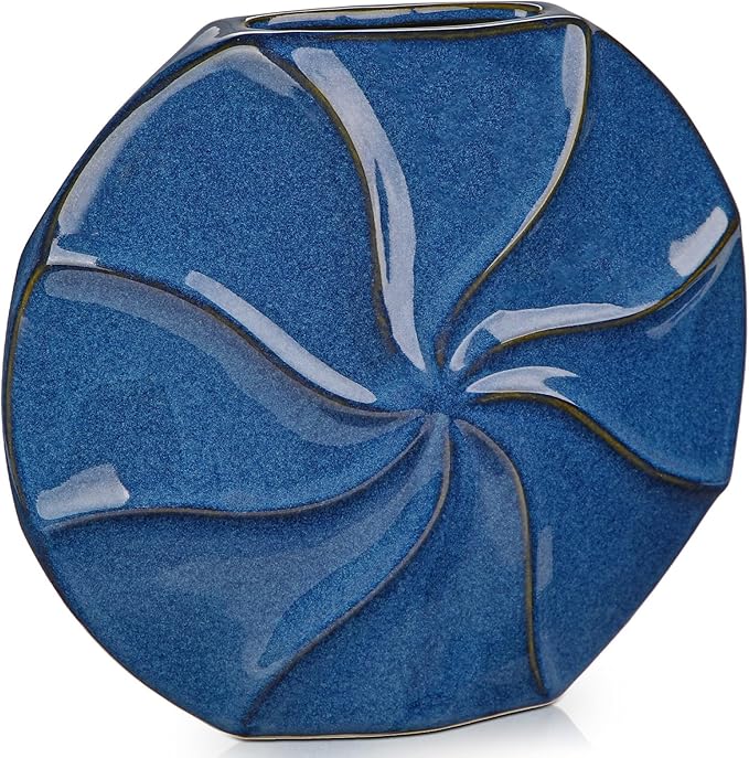 Blue Ceramic Vase for Home Decor – 11.4" x 10.2" Modern Decorative Vase for Pampas Grass, Artificial Flowers & Dried Bouquets – Elegant Textured Flower Vase for Living Room, Bedroom & Office