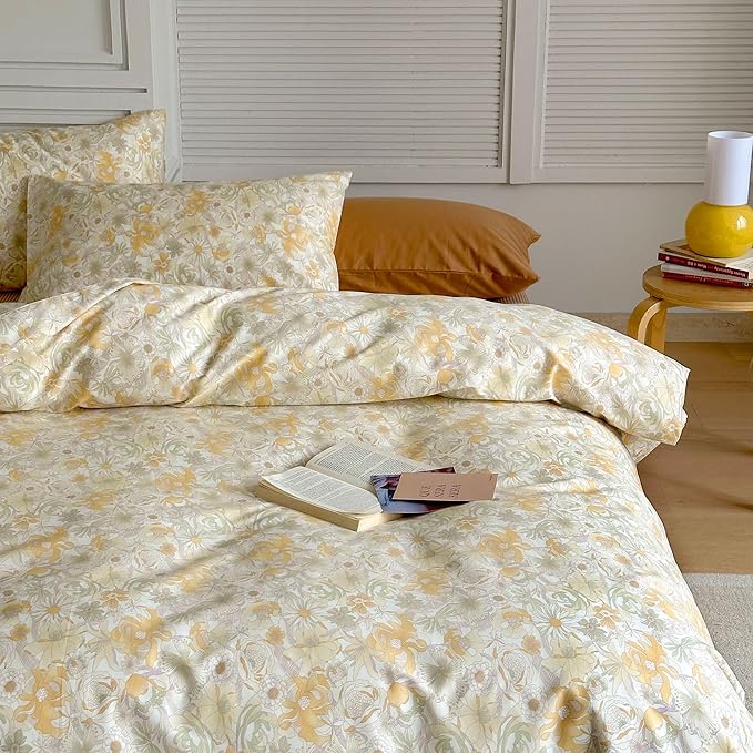 AOJIM Kids Adults Aesthetic Duvet Cover Set for Room Decor, Pure Cotton Comforter Cover Set 3pcs with Begonia Pattern, 1 Soft Quilt Cover Queen Size and 2 Matching Pillowcases, No Comforter