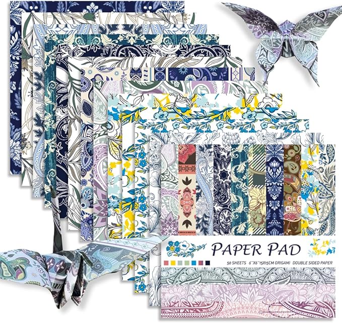 Square Origami Paper 6x6 Double Sided 50 Sheets 50 Colors 70GSM Origami Kit Japanese Chiyo Easy Fold Arts Crafts DIY Handwork Baroque