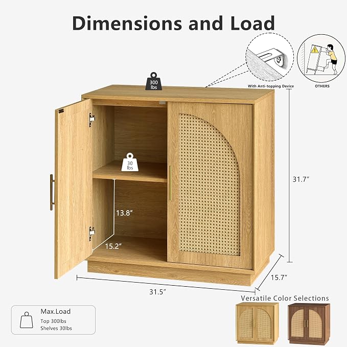 FORTUNETEC Sideboard Buffet Cabinet with Storage Set of 3, Modern Accent Cabinet with Rattan Arched Doors, Modular Media Console, Boho Credenza for Living Room Kitchen Dining Room Entryway, Oak