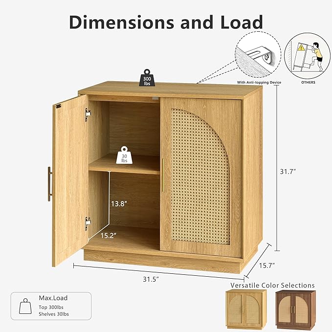 FORTUNETEC Sideboard Buffet Cabinet with Storage Set of 2, Modern Accent Cabinet with Rattan Arched Doors, Modular Media Console, Boho Credenza for Living Room Kitchen Dining Room Entryway, Oak