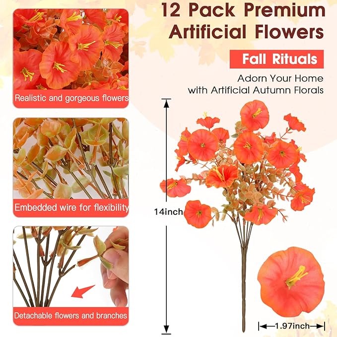 12 Bundles UV Resistant Fake Mums Silk Flowers Faux Mums, Fall Flowers Artificial for Decoration,Artificial Morning Glory for Thanksgiving Fall Decor Halloween Window Box Porch Outdoor Garden