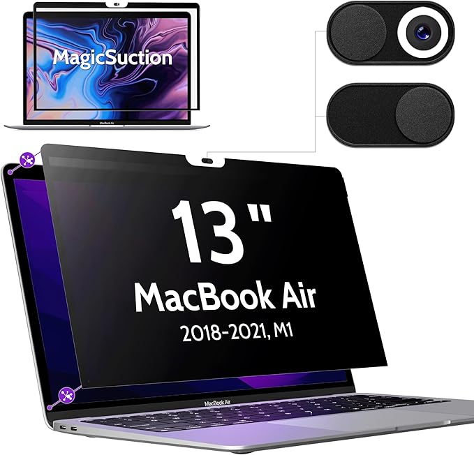 Peslv Privacy Screen for MacBook Air 13 Inch (2018-2021, M1) & MacBook Pro 13 In (2016-2022, M1, M2), MagicSuction™ Removable Anti Spy Black Protector, Glare Blue Light Filter for Mac Laptop Computer