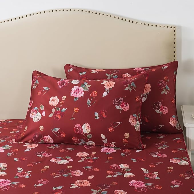 FADFAY Red Rose Sheets Set King Vintage Rose Floral Bedding Chic Rose Flower Bed Sheets Shabby Farmhouse Bedding 100% Percale Egyptian Cotton 800 Thread Count Deep Pocket Fitted Sheet 4Pcs, King Size
