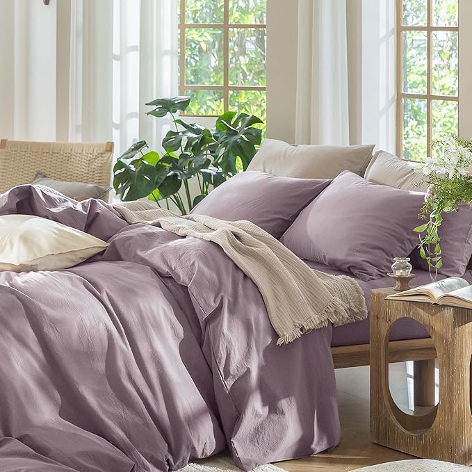 MooMee Bedding Duvet Cover Set 100% Washed Cotton Linen Like Textured Breathable Durable Soft Comfy (Solid Taro Purple, Palatial King/Oversized King 120"x98")