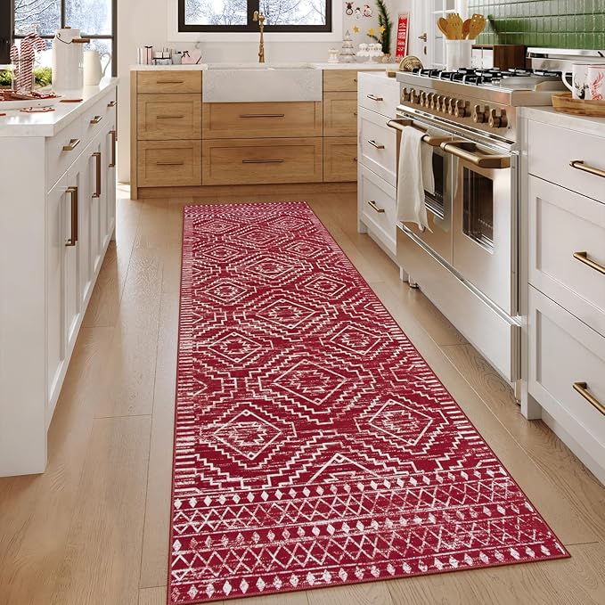 Wonnitar Moroccan Washable 5x7 Rug for Living Room, Soft Chrisrmas Rug for Bedroom, Non-Slip Stain Resistant Geometric Floor Carpet for Dining Table Kitchen Dorm (Red,5'x7')