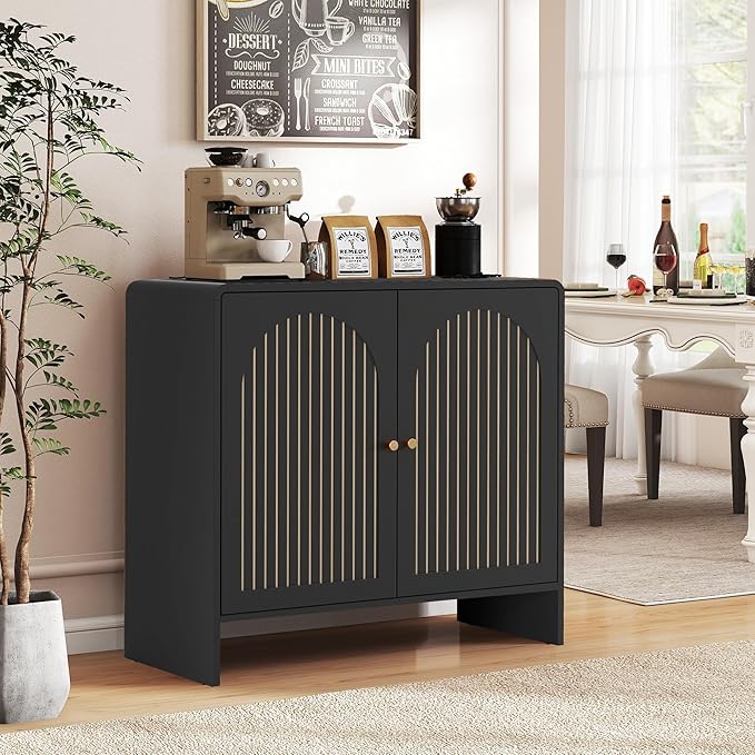 Black Sideboard Buffet Cabinet with Storage, Wood Arched Storage Cabinet with 2 Doors and Adjustable Shelf, Small Curved Entryway Accent Cabinet for Living Room Hallway Kitchen Dining Room
