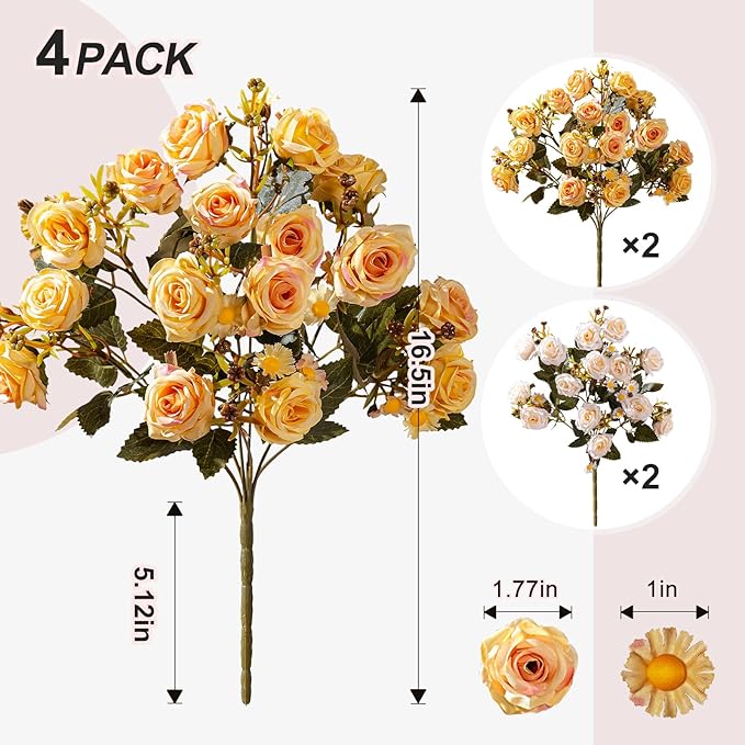 Artificial Rose Flowers for Outdoor 4 Bundles Rose Bouquet with Daisy Faux Flowers UV Resistant for Home Indoor Outside Garden Porch Window Box Balcony Yard Porch Fall Decor (White+Yellow)
