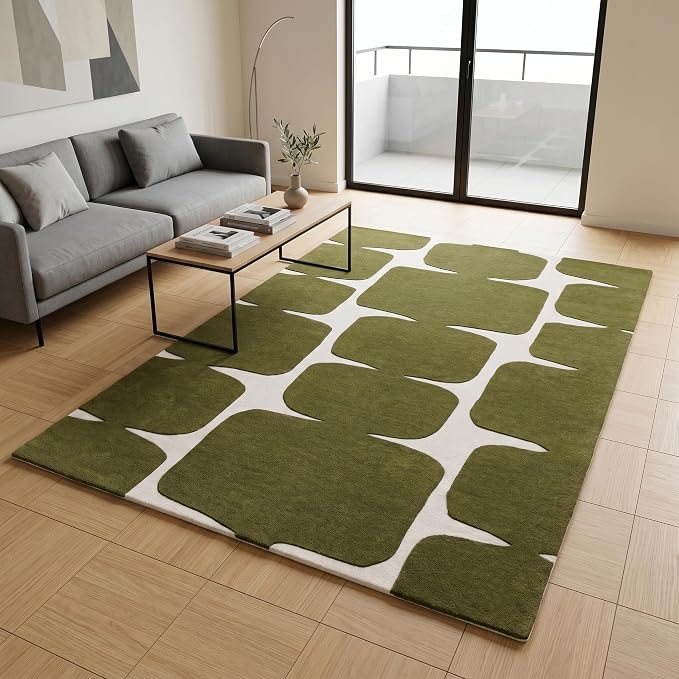 Restoration and Renovation Modern Wool Area Rug - Contemporary Abstract Geometric Design, Thick & Soft Hand-Tufted Carpet - Ideal for Indoor Decor in Living Room, Bedroom (Olive Green, 8' x 10')